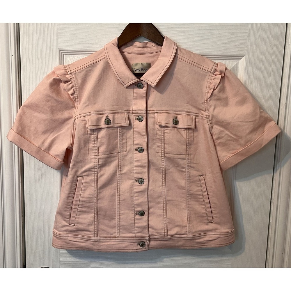 Anybody Women's Pink Denim Jacket Short Sleeve Button Up Size L